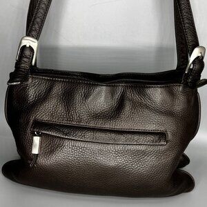 STONE MOUNTAIN DARK BROWN PEBBLE LEATHER SHOULDER BAG WITH SILVER TONE HARDWARE